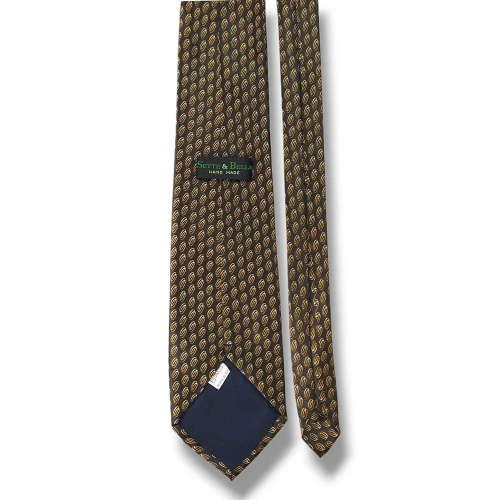 Sette & Bello Silk Necktie Hand Made Geometric Oval Medallion Blue Gold‎ OS